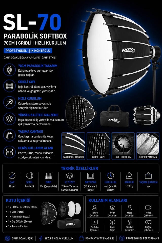 PDX SL-70 Softbox | 70cm | Parabolik Gridli | Kolay Kurulum