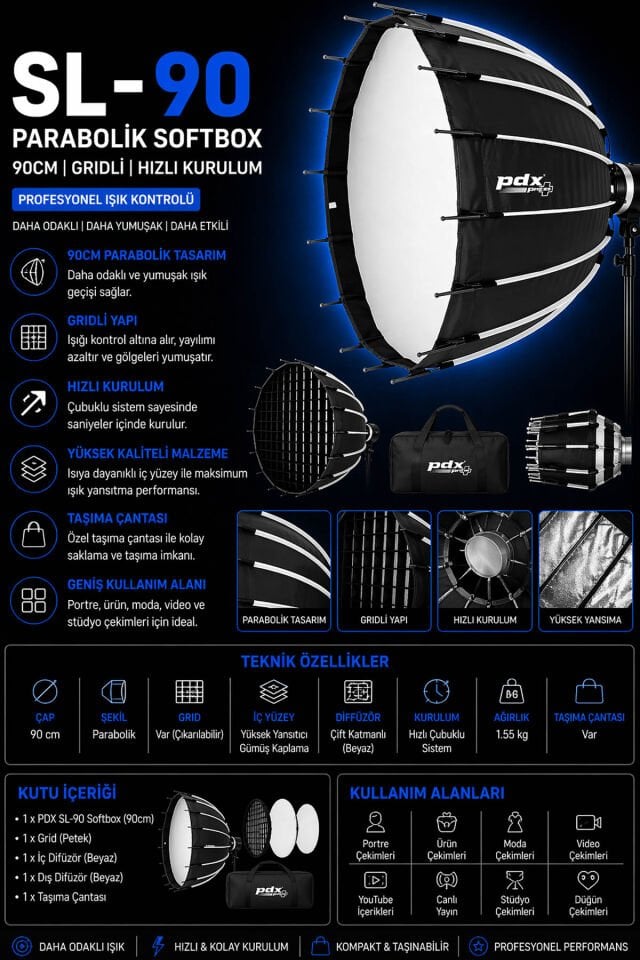 PDX SL-90 Softbox | 90cm | Parabolik Gridli | Kolay Kurulum