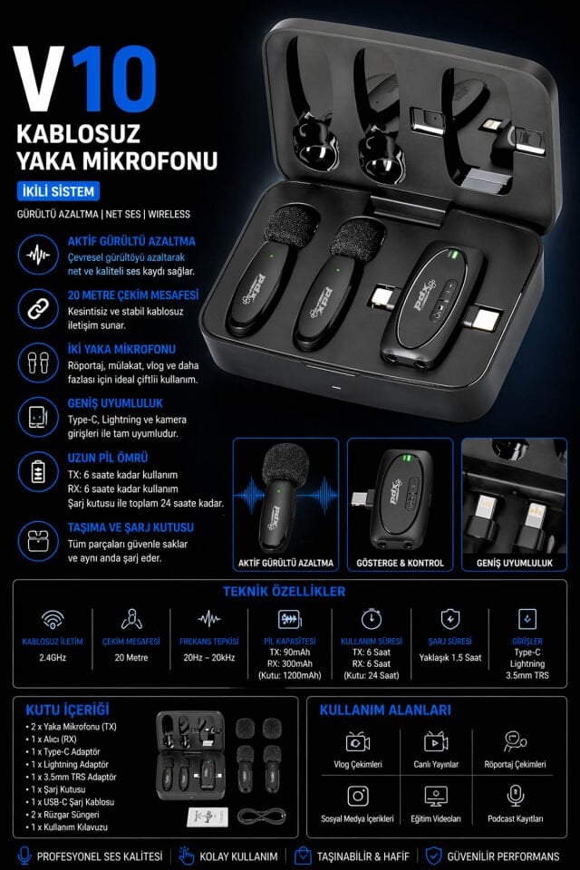 PDX PRO V10 Kablosuz Yaka Mikrofonu | İkili | Wireless