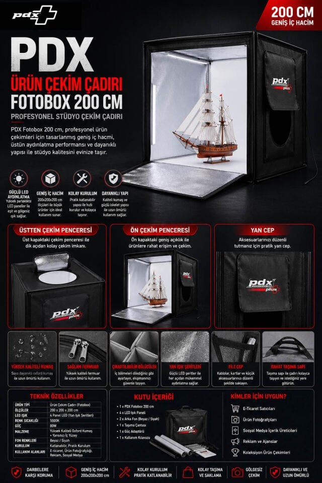 PDX Ürün Çekim Çadırı | Fotobox 200 cm | Işıksız Çekim Çadırı