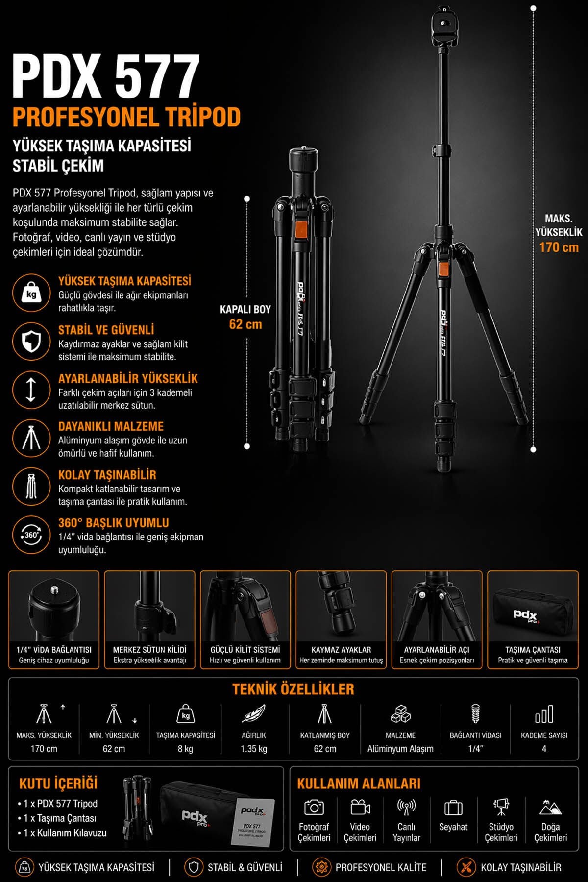 PDX 577 Profesyonel Tripod