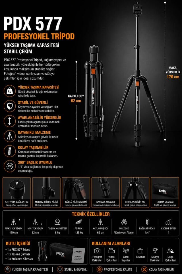 PDX 577 Profesyonel Tripod | Yüksek Taşıma Kapasitesi | Stabil Çekim