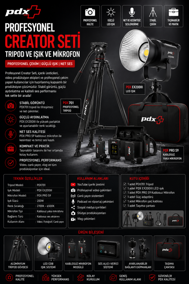 Profesyonel Creator Seti | Tripod ve Işık ve Mikrofon