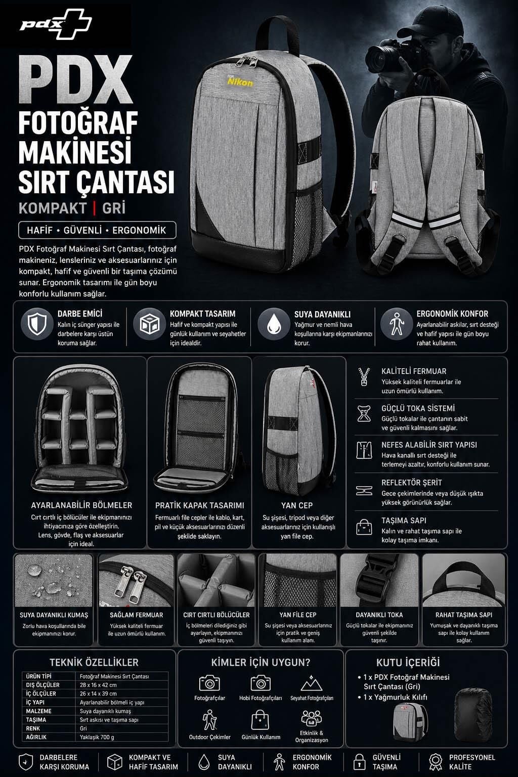 PDX Fotoğraf Makinesi Sırt Çantası | for Nikon | Gri