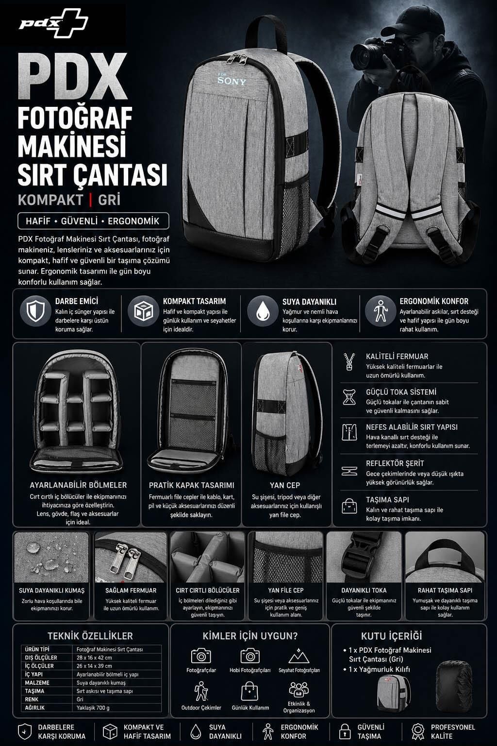 PDX Fotoğraf Makinesi Sırt Çantası | for Sony | Gri