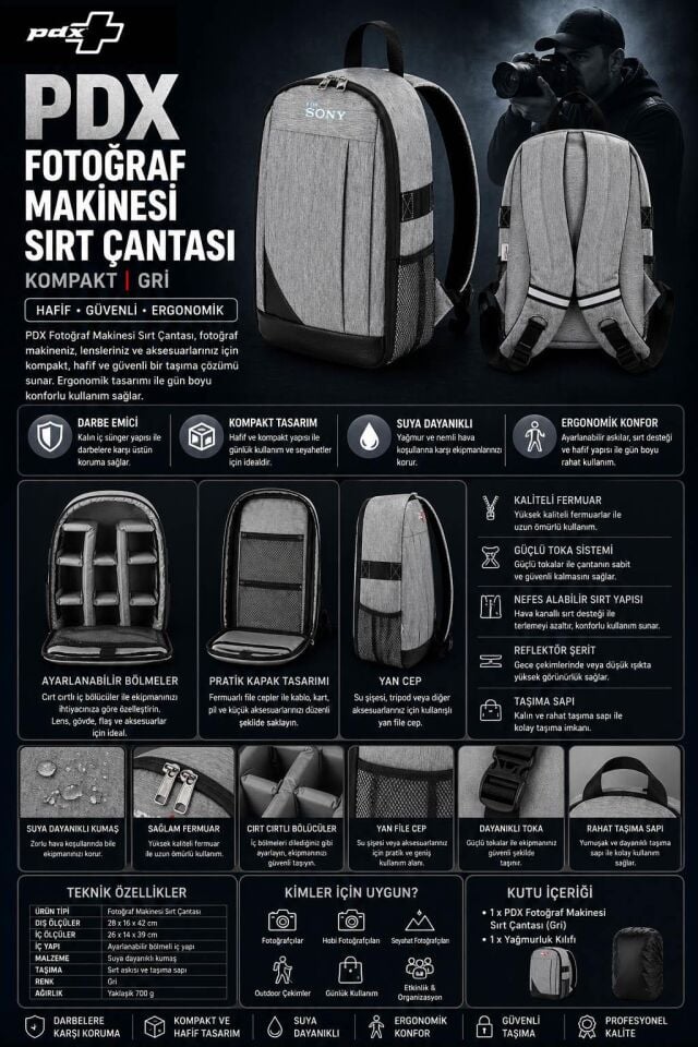 PDX Fotoğraf Makinesi Sırt Çantası | for Sony | Gri