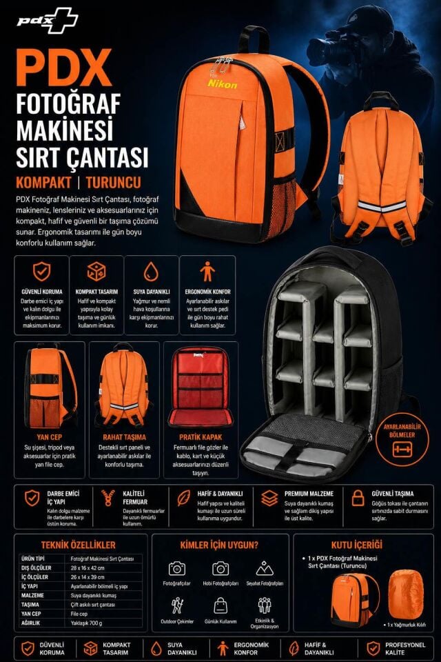 PDX Fotoğraf Makinesi Sırt Çantası | for Nikon | Turuncu