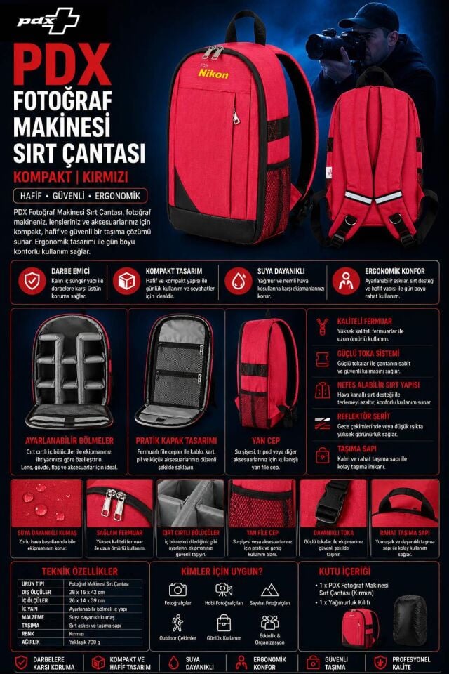 PDX Fotoğraf Makinesi Sırt Çantası | for Nikon | Kırmızı