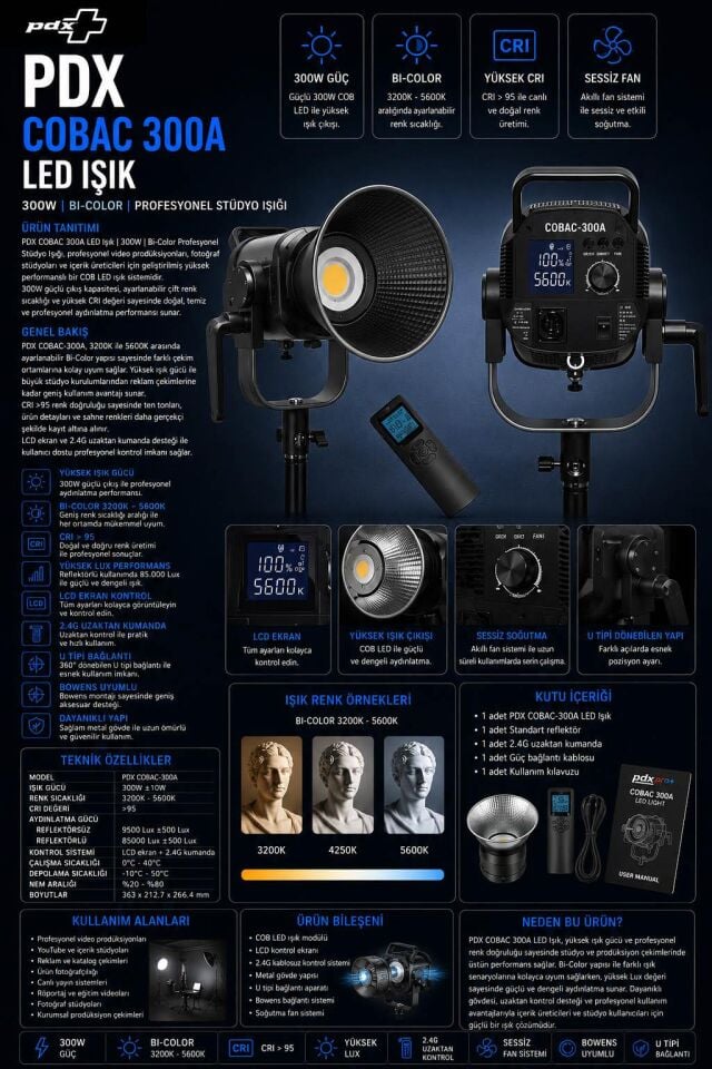 PDX COBAC 300A LED Işık | 300W | Bi-Color Profesyonel Stüdyo Işığı