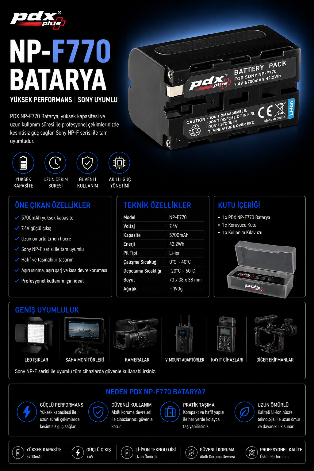 PDX NP-F770 Video Kamera Bataryası