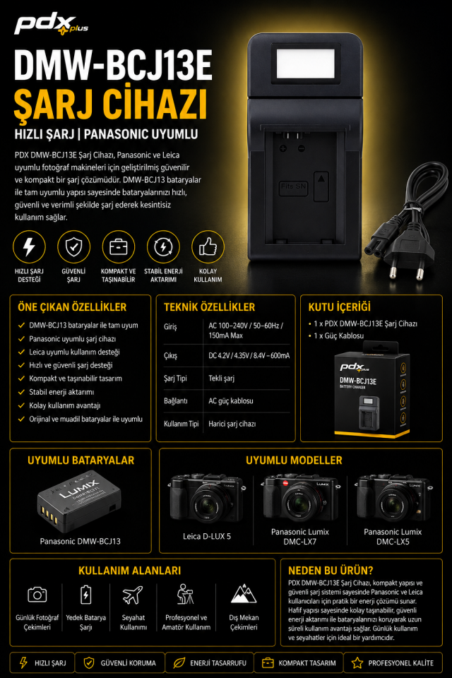 PDX DMW-BCJ13E Şarj Cihazı | Hızlı Şarj | Panasonic Uyumlu