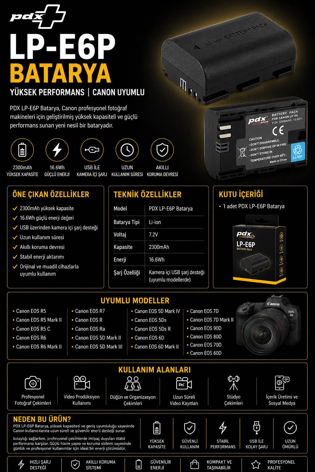 PDX LP-E6P Batarya | Yüksek Performans | Canon Uyumlu