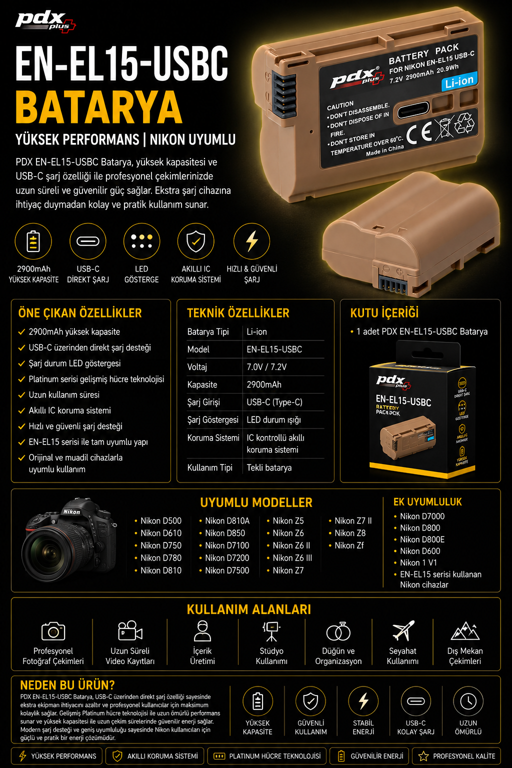 PDX EN-EL15-USBC Batarya | Yüksek Performans | Nikon Uyumlu