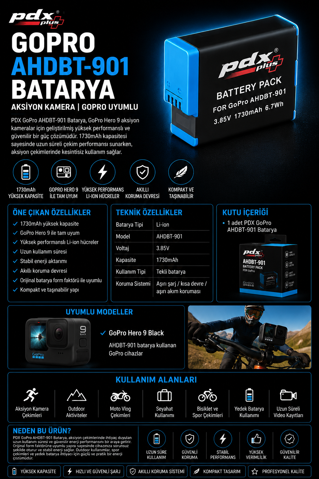 PDX GoPro AHDBT-901 Batarya  | Aksiyon Kamera | GoPro Batarya